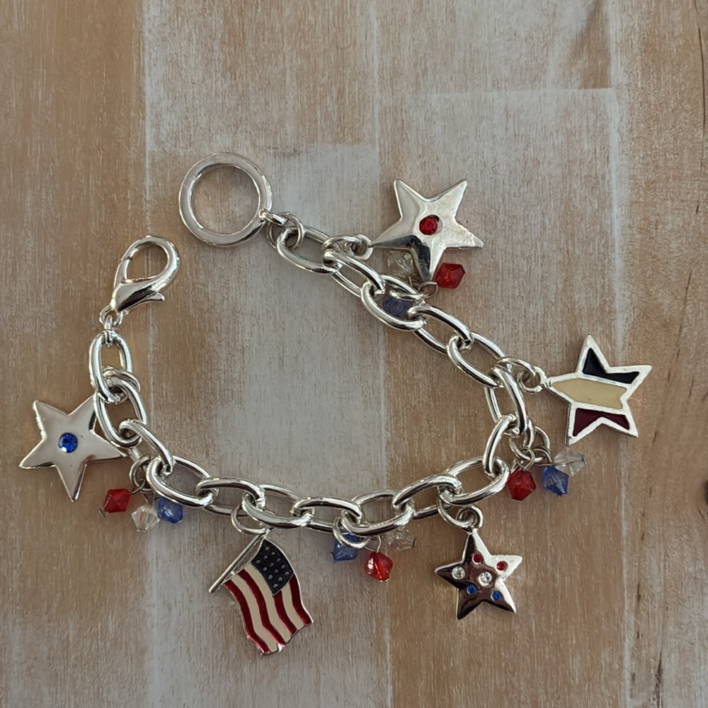 Silver Charm Bracelet with Stars and Flag